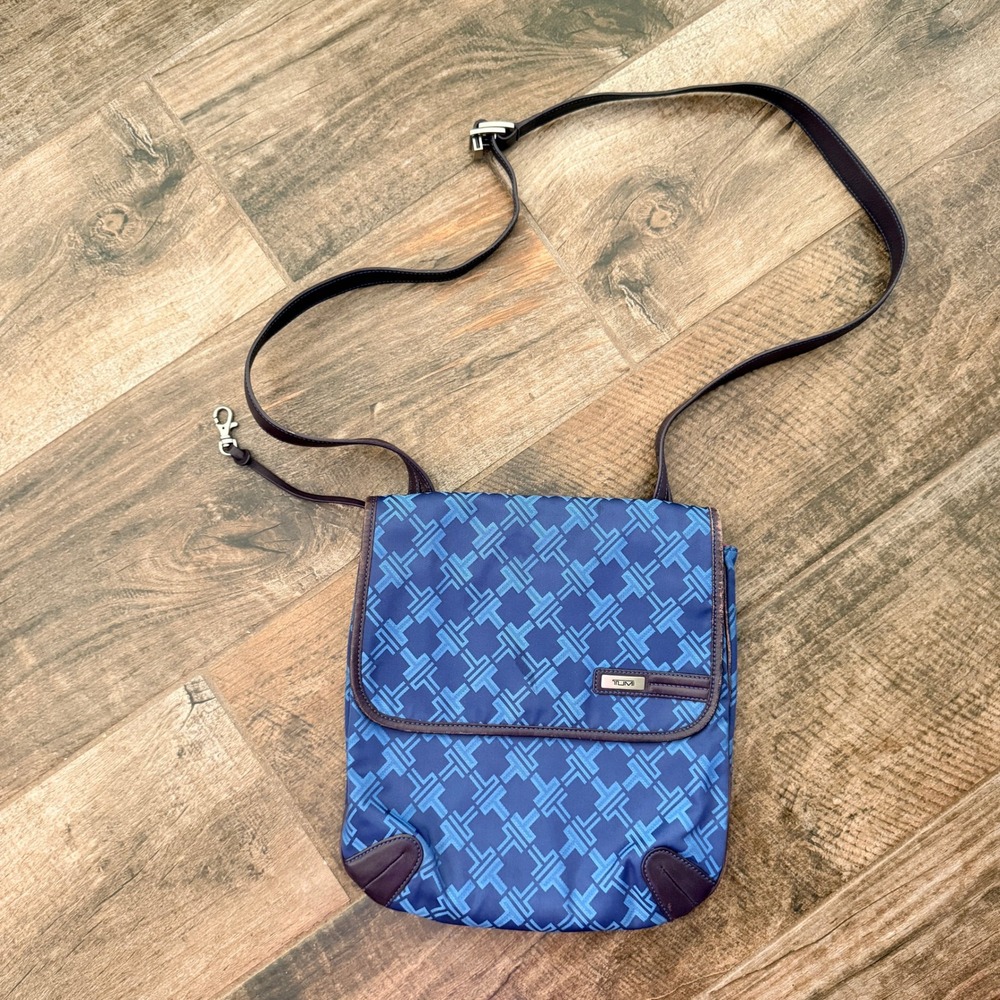 Tumi Blue Jacquard Monogram Leather Trim Crossbody Messenger Bag, Medium